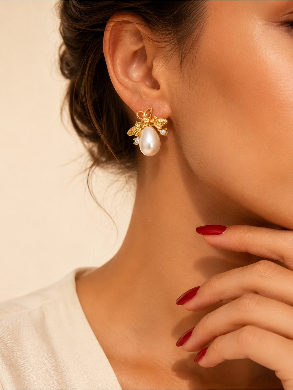 Gold Bee Pearl Drop Earrings